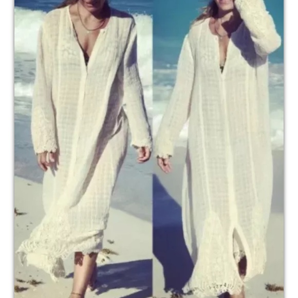 Zara linen long beige ecru shirt dress with embroidery crochet aplique - Picture 2 of 7